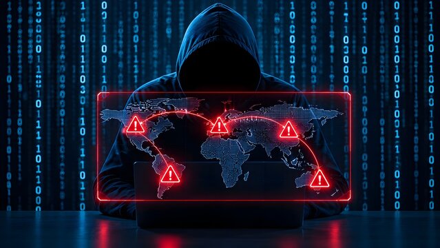 Hooded hacker behind glowing red cyber attack global map interface displaying security breach alerts across international network