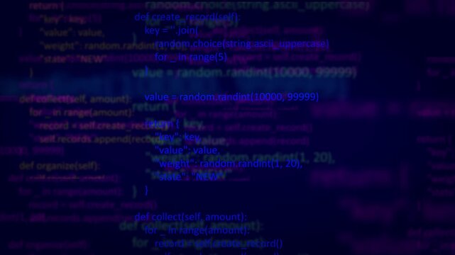 Abstract Dark Blue Coding Background with Blue Cyber Programming Code, Software Development Script, Data Processing, System Matrix, and Technology Interface Concept Video Loop