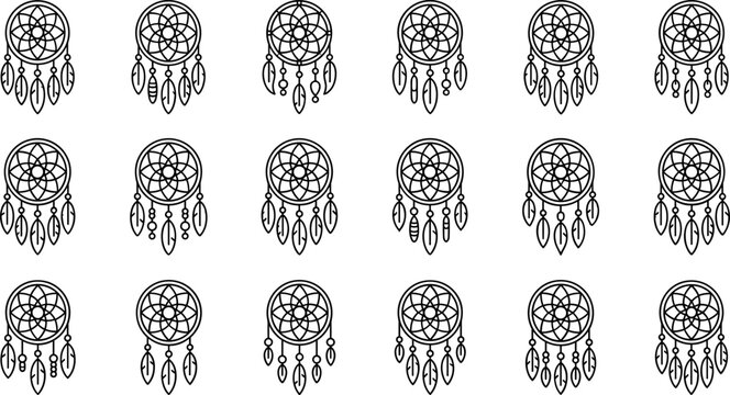 Seamless Pattern of Dream Catchers with Feathers Isolated on Transparent Background Tribal Boho Design Elements