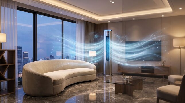 Modern silver tower air conditioner emits glowing blue light waves representing clean purified air in a luxurious living room area