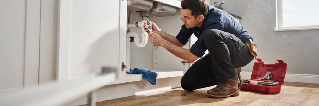 Professional plumber uses adjustable wrench to fix leaking drain pipe under kitchen sink cabinet during residential maintenance service call.