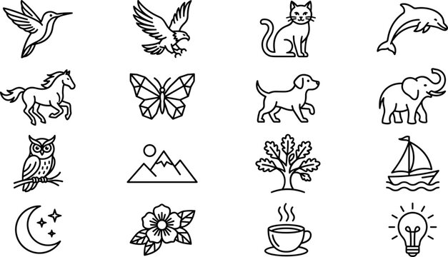 Collection of Hand Drawn Icons Animals Nature Objects Isolated Vector Graphics