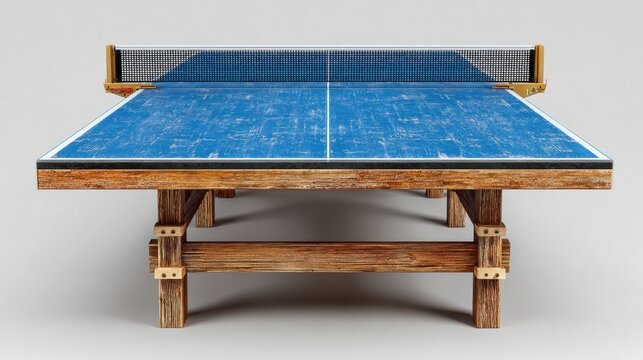Rustic wooden ping pong table with a vibrant blue playing surface and net.