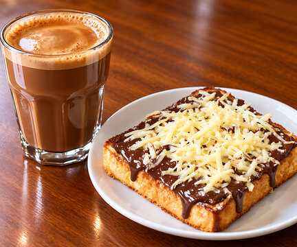 Delicious Chocolate and Cheese Toasted Bread with Frothy Coffee Drink on a Wooden Table Perfect Morning or Afternoon Treat Savory and Sweet Combination. High-Quality Southeast Asian Resto Menus Presen