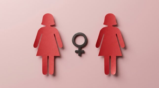 Two red paper female silhouettes with a black female gender symbol in the center on a pink background