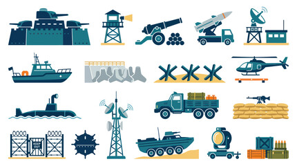 Fototapeta premium Flat Design Vector Collection of Military and Defense Army Equipment, Vehicles, and Weapons Icons