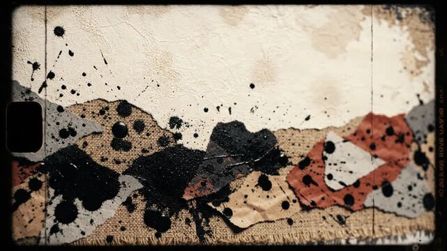 Torn Paper Scrapbook Collage with Black Ink Splatter in 8mm Film Frame 90s Grunge Art Collage Background with Soft Grain Texture Overlay