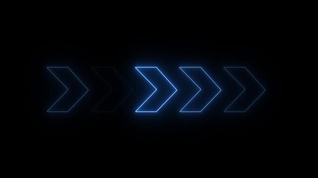 Abstract neon flashing light back arrow loading animation. Left arrow for road direction. Abstract beautiful color neon left side animation. neon arrow moving left on black background.