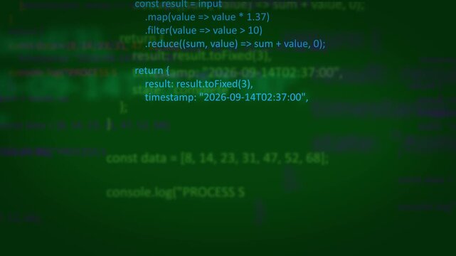Abstract Green Coding Background with Blue Futuristic Programming Code, Software Development, Data Processing Script, Cybersecurity System, and Digital Matrix Technology Concept Video Loop