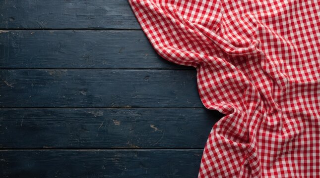 Red and white checkered tablecloth draped over a rustic dark blue wooden table background