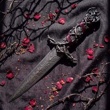 Ornate gothic dagger surrounded by rose petals and thorns