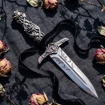 Ornate gothic dagger with bat and rose motifs on dark fabric