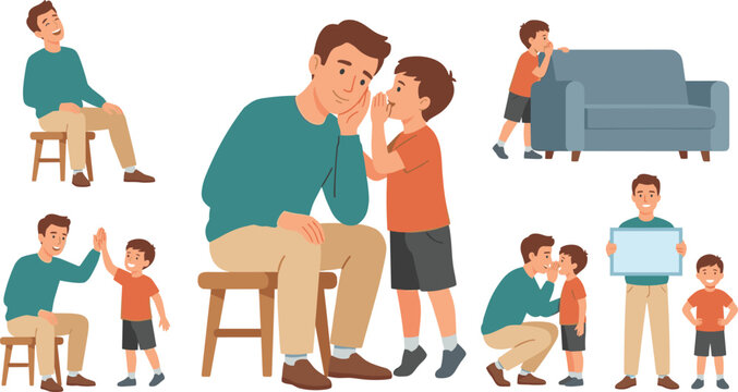 Loving Father and Son Communication Character Set with Secret Whispering Poses High Five Gestures and Blank Board Icons for Parenting Designs