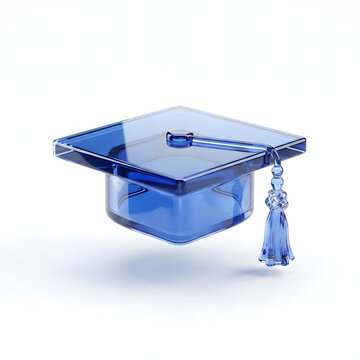 A blue transparent glass graduation cap with a tassel isolated on a white background glass art academic hat student graduation translucent object