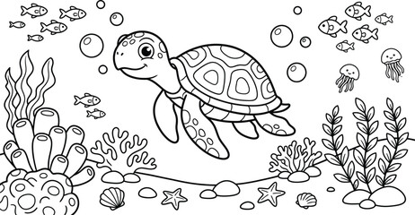 Obraz premium A delightful underwater scene featuring a charming sea turtle swimming amongst coral and bubbles perfect for creative coloring