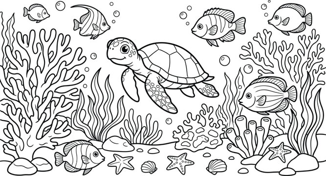 Dive into the ocean's depths a beautiful underwater scene with turtles and fish coloring page
