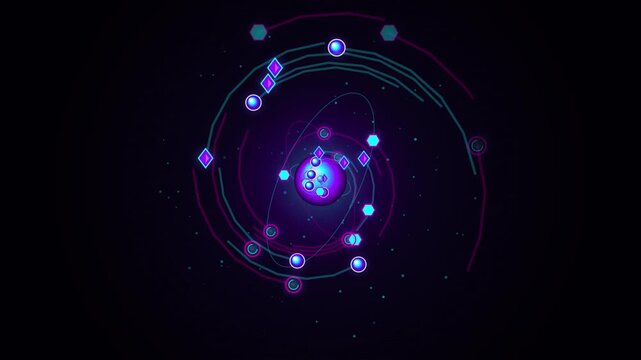Atomic particles orbit a glowing core in a dynamic dark space simulation electrons