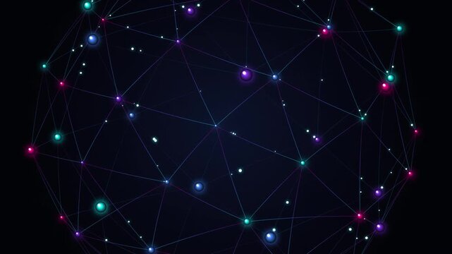 Geometric sphere expands and contracts with glowing nodes on a dark background expansion
