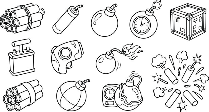 Cartoon Video Game Bomb and Dynamite Vector Icon Set Featuring Linear Style Explosive Props and Crate Assets for Gaming Interface Designs