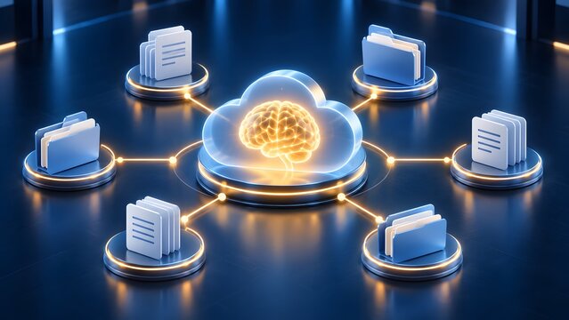 Artificial intelligence cloud computing concept featuring a glowing holographic brain connected to digital data folders in a modern high tech network