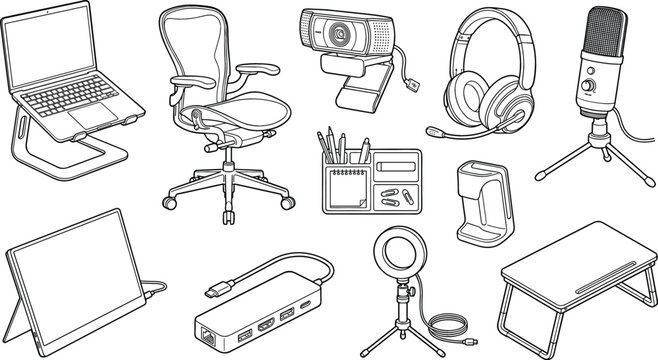 Content Creation and Live Streaming Gear Vector Icon Set Featuring Outline Graphics of Laptop Stand, Webcam, Ring Light, Microphone, and Desk Accessories