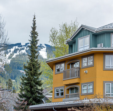 Yellow Residential Condo Building and Evergreen Tree with Ski Mountain Background