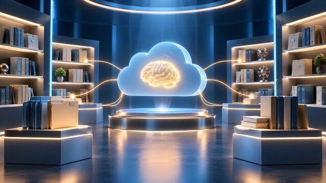 Artificial intelligence cloud computing concept featuring glowing holographic brain and digital data connections inside modern futuristic library environment