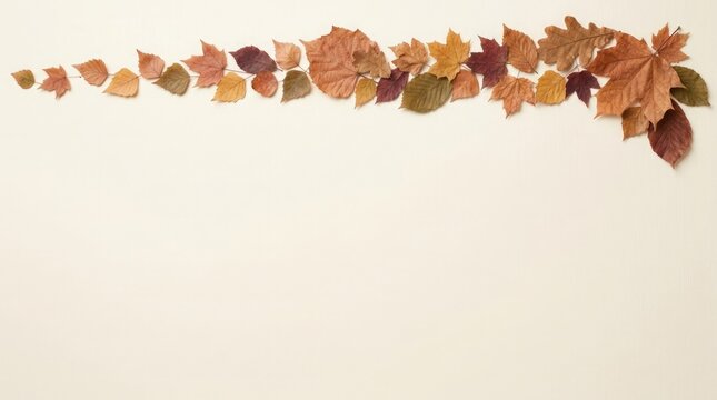 Thanksgiving Arrangement of colorful autumn leaves forming a decorative border on a plain light beige background