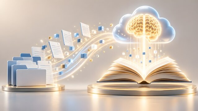Futuristic artificial intelligence concept showing digital data folders and information blocks streaming into a glowing open book from a smart computing cloud brain