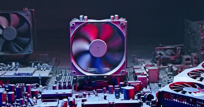 Spinning fans on graphics card on motherboard among computer parts.