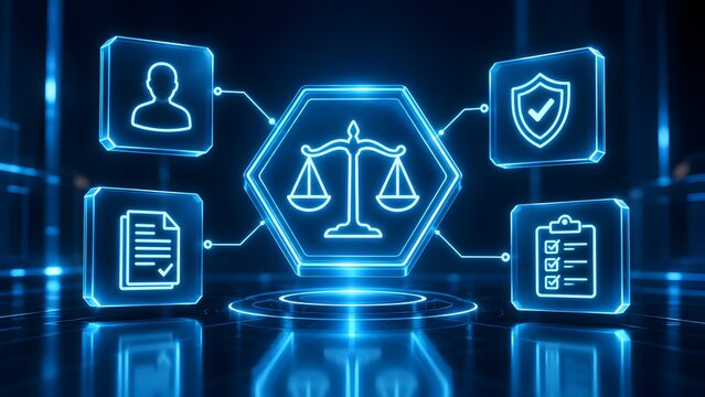 Glowing digital scales of justice on a pedestal surrounded by verified security shields and compliance document icons representing modern legal frameworks.