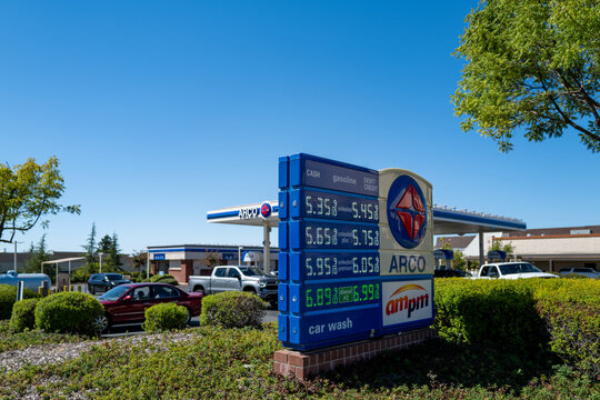 Price sign displaying high fuel costs at an ARCO gas station and ampm convenience store, illustrating rising energy prices and fuel inflation, September 2026.