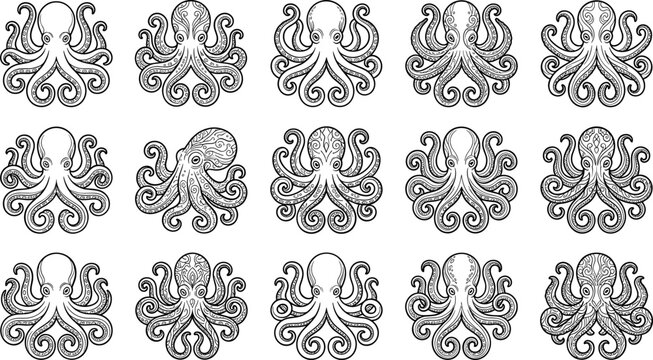 Vintage Octopus Illustrations Collection Nautical Marine Life Art Isolated Vector Graphics