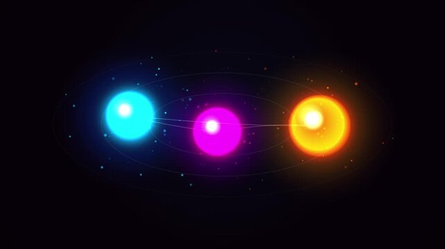 Bright orbs converge and separate along a glowing line on a black background