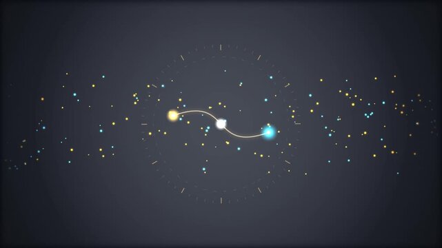 Golden and blue particles radiate outward from a central glowing form in darkness