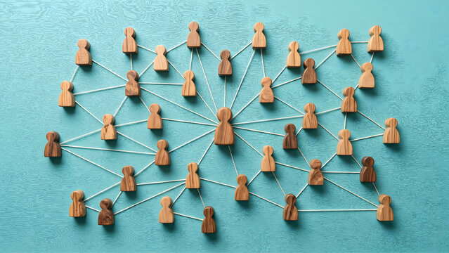 Business Networking Concept with Wooden Figures Connected by String Showing Leadership and Team Structure on Cyan Background