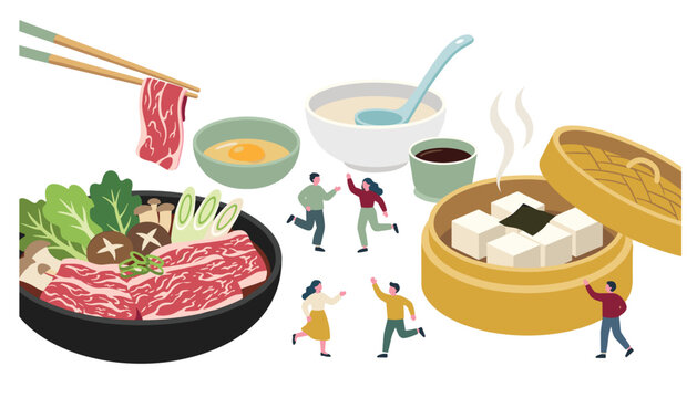 Japanese shabu shabu hot pot vector illustration with mini people beef slices tofu dim sum basket and dipping sauce bowl elements