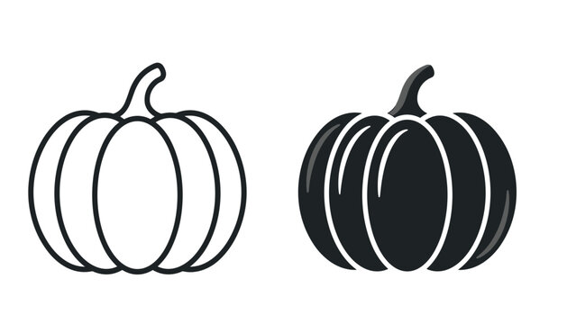 Minimalist black and white pumpkin vector icon set featuring simple line art outline and solid silhouette shapes for halloween graphic design