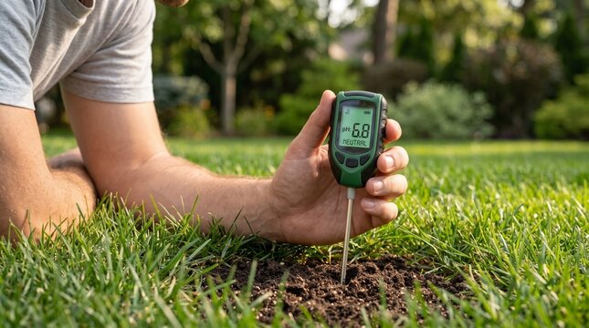 Person lying on green grass, holding digital pH tester device, inserting metal probe into soil, in garden lawn, gardening photography