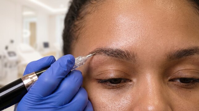 Female face skin close-up portrait, with gloved hand holding needle pen, applying permanent microblading makeup to eyebrow, in clean cosmetology clinic, beauty procedure photography