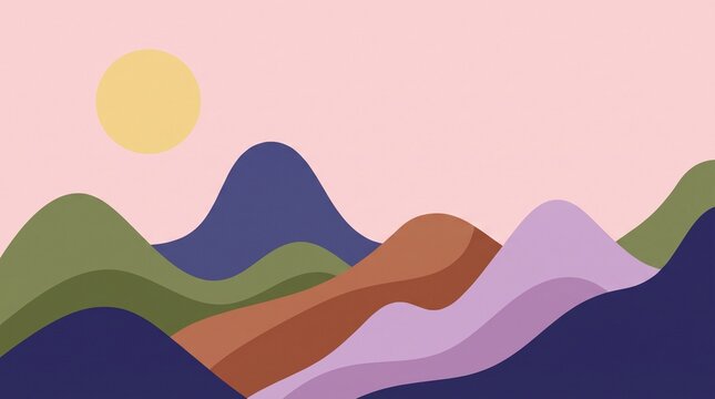 Colorful layered mountains with sunset sky