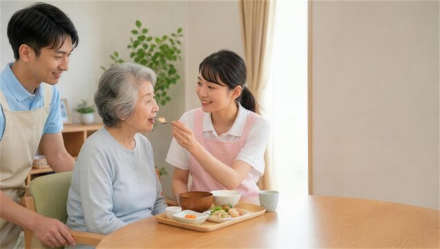 食卓で高齢女性の食事を介助する二人の介護士