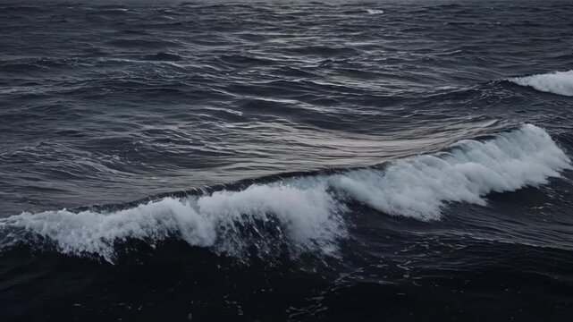 Dark Ocean Wave Surface with Rolling Water, White Foam, Fine Spray and Ripple Texture Creating Moody Coastal Movement Across Open Sea Under Subdued Overcast Light