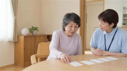 Fototapeta premium カードを選ぶ高齢女性の意思を確認する訪問介護士