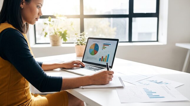 Focused woman diligently working on her laptop in a bright office space, analyzing charts and data while taking notes