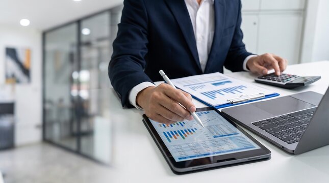 Man in suit analyzes financial data on tablet and laptop with calculator