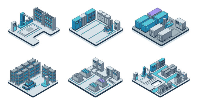 Isometric illustrations of data centers with servers, racks, and cooling systems.