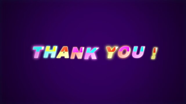 Glowing colorful neon typography thank you message on dark purple background