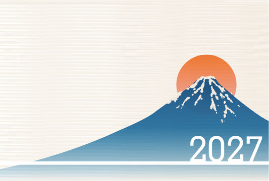 富士山と初日の出を描いたミニマルな日本伝統風景のデザイン