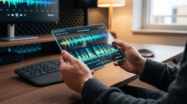 Close up of hands holding transparent tablet displaying audio analytics and sound wave frequency, music production software, sound engineering, digital audio workstation concept